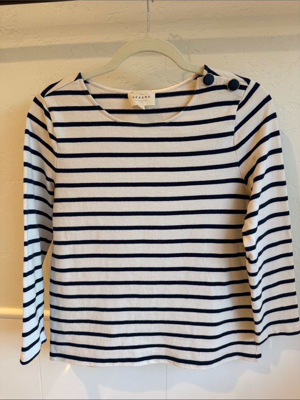 Sézane Navy and White Striped Boatneck Long Sleeve Top